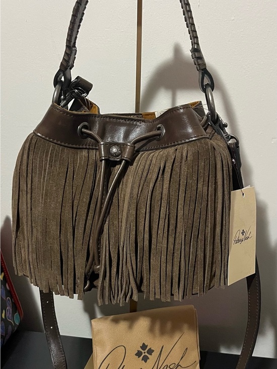 Patricia Nash Handbags - Patricia Nash Brown Suede Fringe Drawstring Shoulder Bag with Leather Trim
